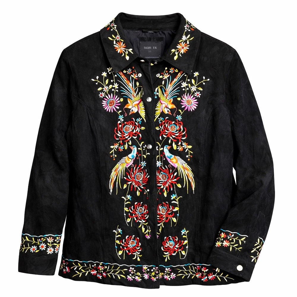 AVANTI NEW YORK Women's Black Suede Embroidered Bird Floral‎ Jacket 1X VGUC